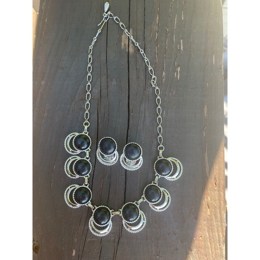 Vintage Sarah Coventry Silver Tone Black Cabochon Necklace and Earring Set MCM